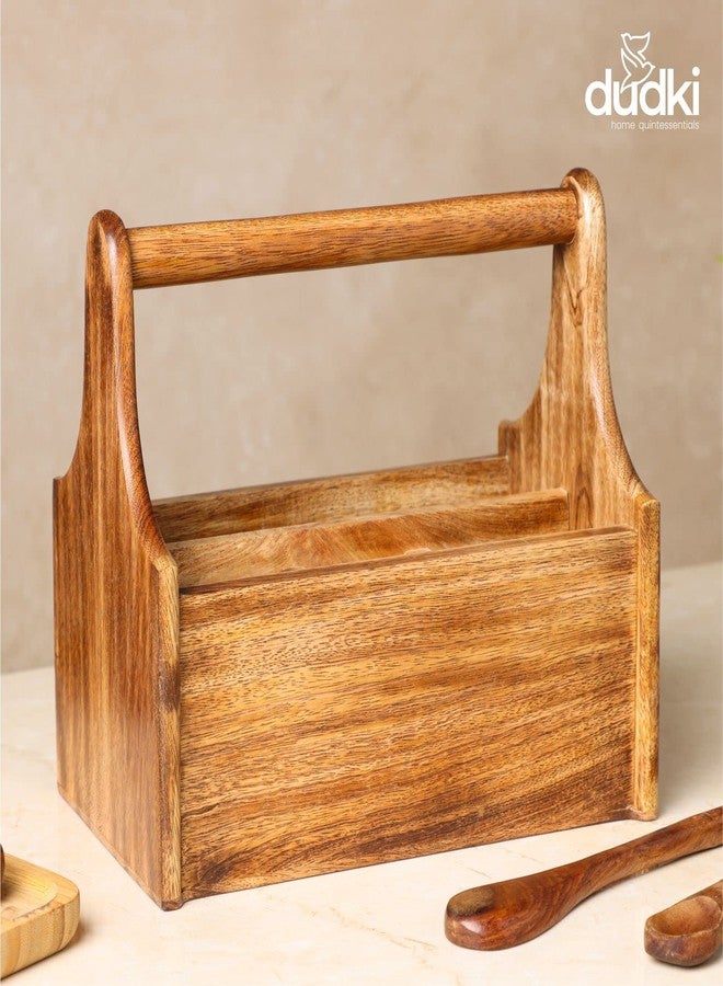 dudki Wooden Cutlery Holder | Spoon Stand for Dining Table | Cutlery holder | caddy organizer for kitchen storage spoons forks knifes tissue paper Dispenser | Mango Wood 4 Section - Image 2